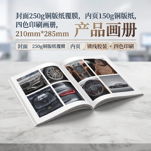 含封面68页四色印刷画册，封面250g铜版纸覆膜，内页150g铜版纸，210mm*285mm锁线胶装竖版